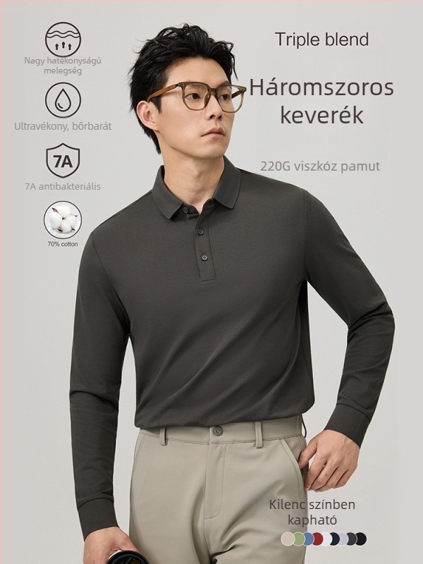 Férfi hosszú ujjú poloing, egyszínű, karcsú szabás, polo gallér, őszi-téli, alkalmas casual és irodai rétegzett viselethez