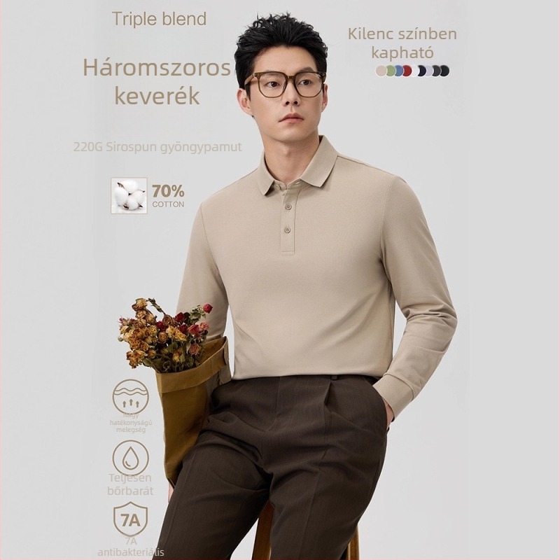 Férfi hosszú ujjú poloing, egyszínű, karcsú szabás, polo gallér, őszi-téli, alkalmas casual és irodai rétegzett viselethez