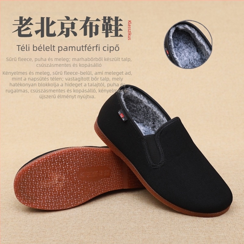 Férfi téli textilecipő fleece-béléssel, vastag szigetelés, pamut felső rész, csúszásmentes talp, kopásálló