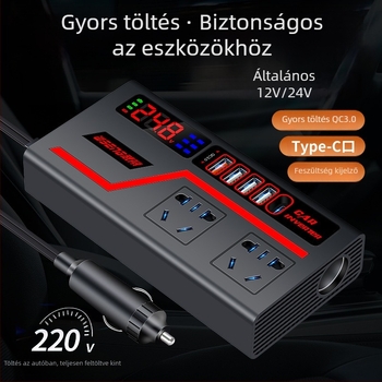 Autóinverter 300W digitális kijelzővel, gyors töltés, teljes protokoll