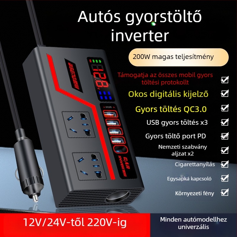 Autóinverter 300W digitális kijelzővel, gyors töltés, teljes protokoll