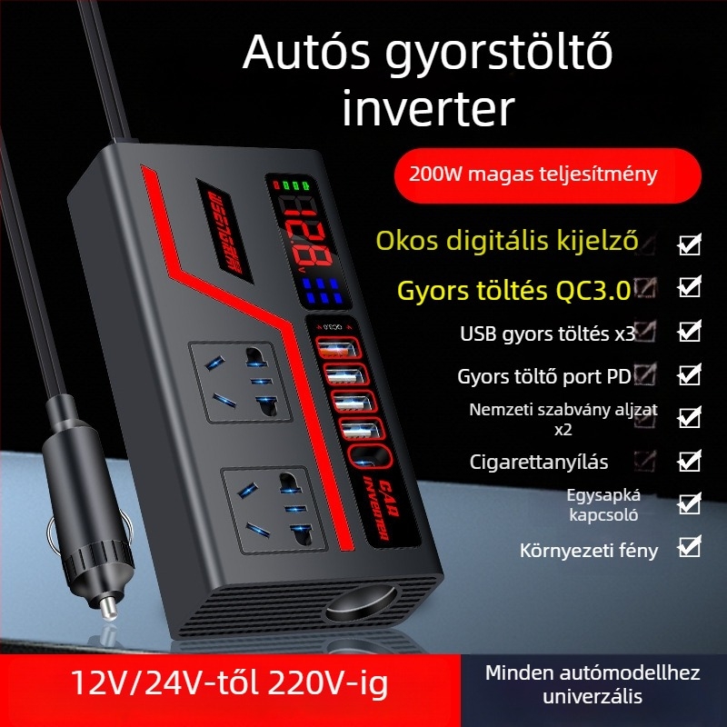 Autóinverter 300W digitális kijelzővel, gyors töltés, teljes protokoll