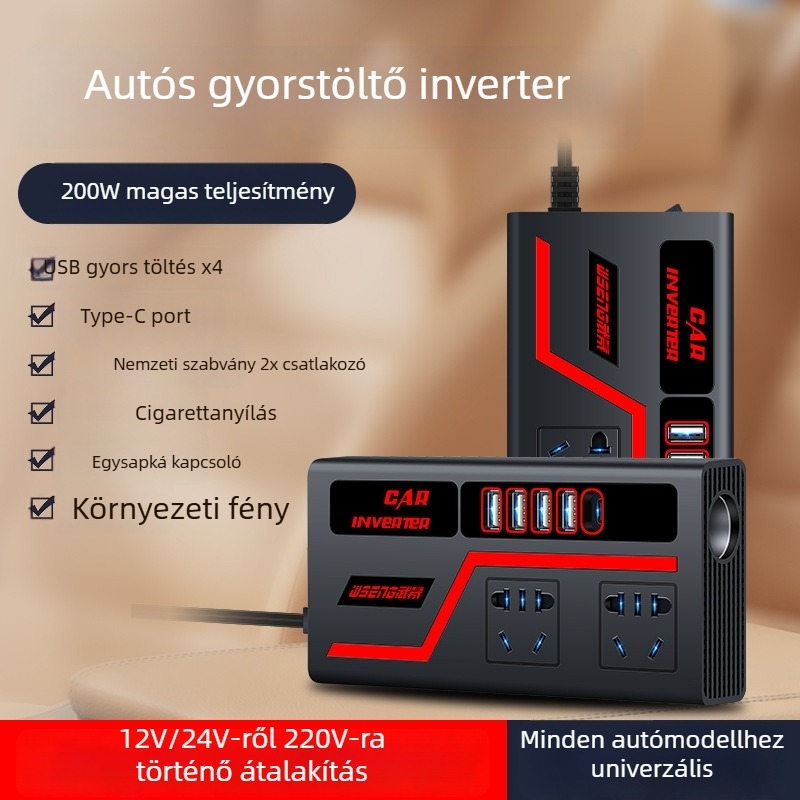 Autóinverter 300W digitális kijelzővel, gyors töltés, teljes protokoll