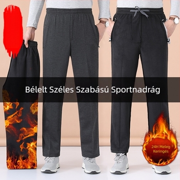 Férfiak őszi-téli fleece-béléssel sportnadrág, egyenes szabású, magas derék, mindennapi viselet