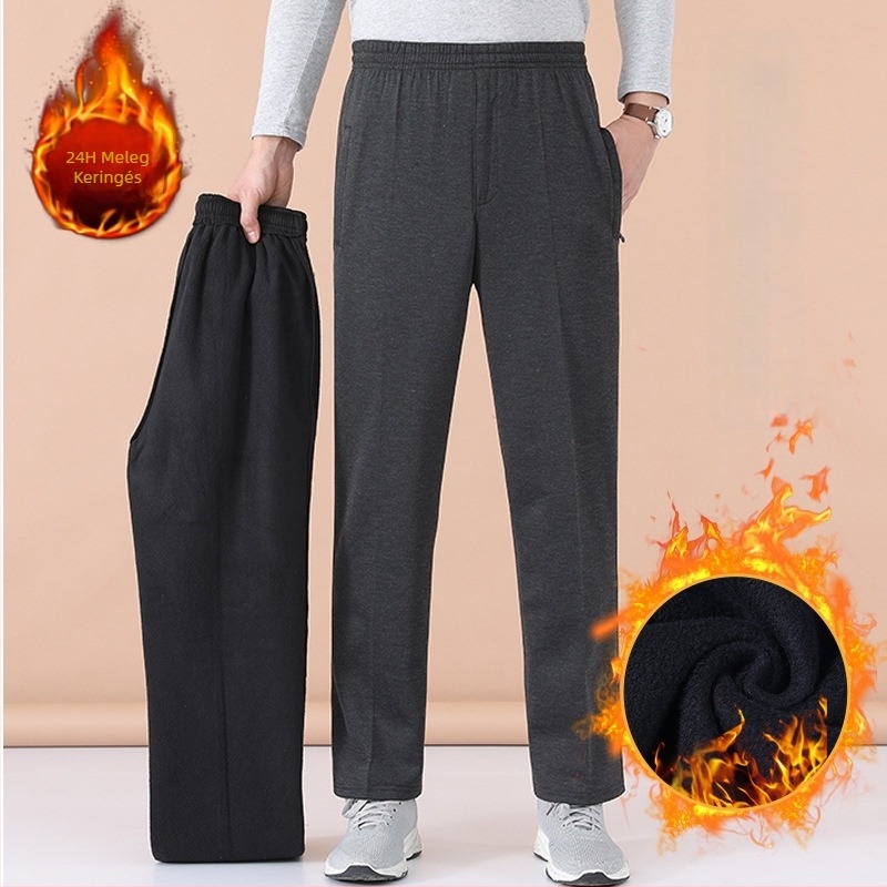 Férfiak őszi-téli fleece-béléssel sportnadrág, egyenes szabású, magas derék, mindennapi viselet