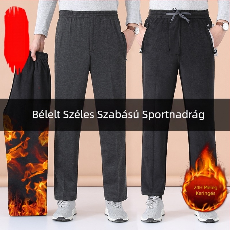 Férfiak őszi-téli fleece-béléssel sportnadrág, egyenes szabású, magas derék, mindennapi viselet
