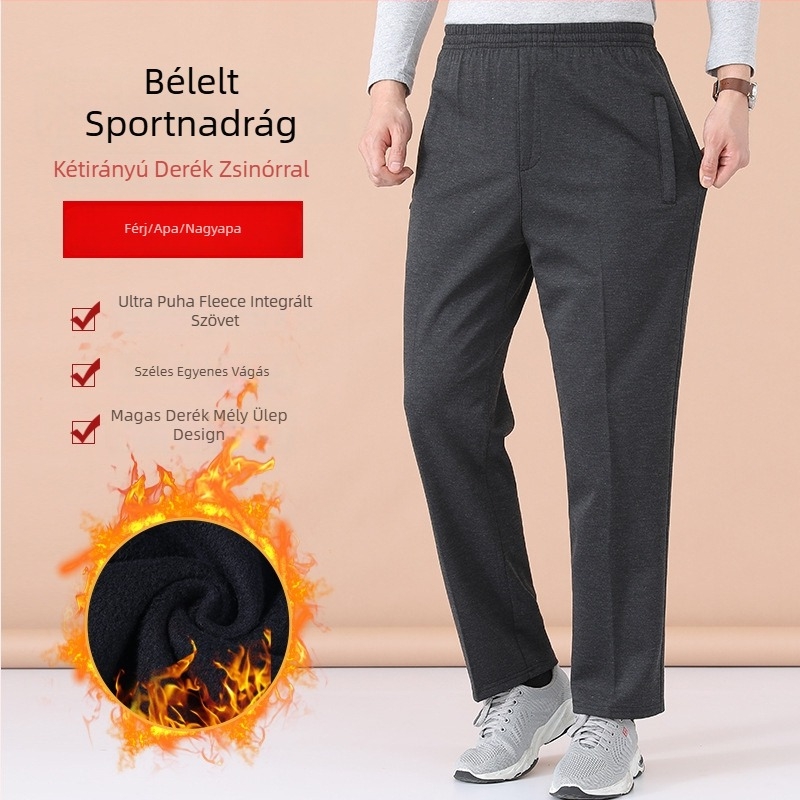 Férfiak őszi-téli fleece-béléssel sportnadrág, egyenes szabású, magas derék, mindennapi viselet