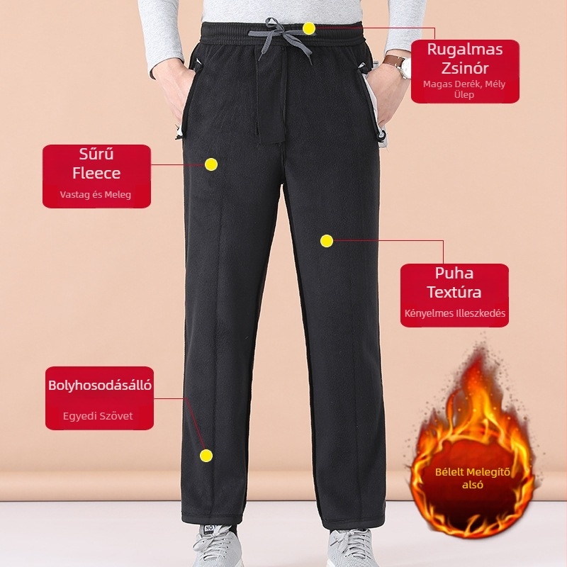 Férfiak őszi-téli fleece-béléssel sportnadrág, egyenes szabású, magas derék, mindennapi viselet