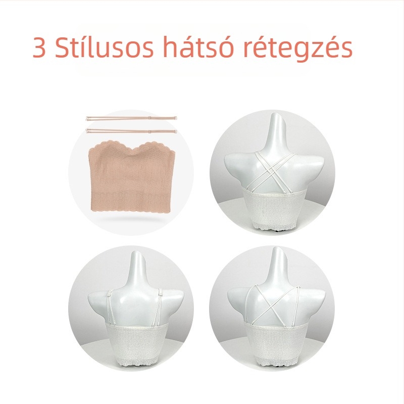 Egyrészes váll nélküli bralette csipkével és gyönyörű hátsó résszel, formázott kosár (Mold Cup) és teljes kosár, nylon 70–80% anyag, légáteresztő és tartás