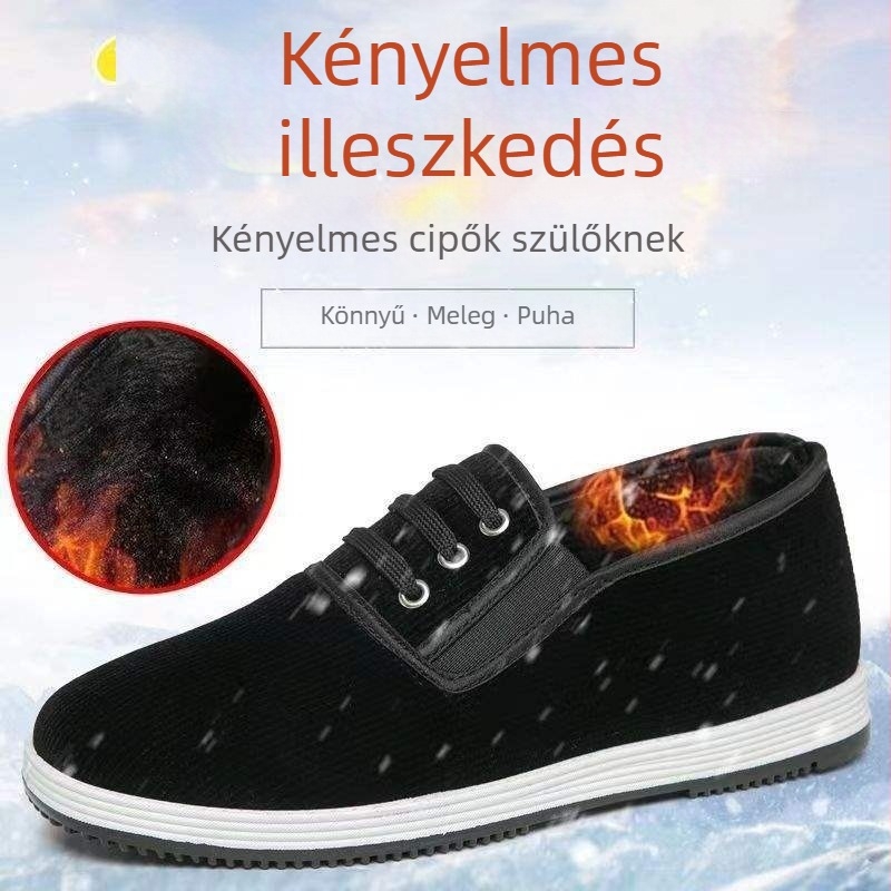 Kerek orrú pamut cipő, puha talppal, csíkos felsőrész, mű plüss béléssel, csúszásmentes és meleg téli viselet