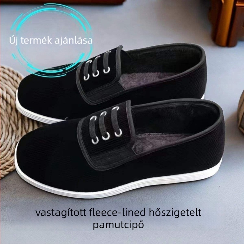 Kerek orrú pamut cipő, puha talppal, csíkos felsőrész, mű plüss béléssel, csúszásmentes és meleg téli viselet