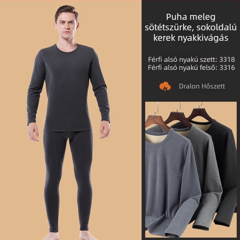 Férfi velúr thermál szett, vastag, kerek nyakú hosszú ujjú felső és hosszú nadrág, plusz méret