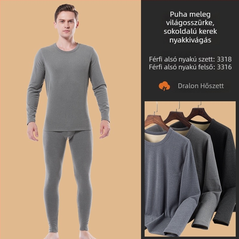 Férfi velúr thermál szett, vastag, kerek nyakú hosszú ujjú felső és hosszú nadrág, plusz méret