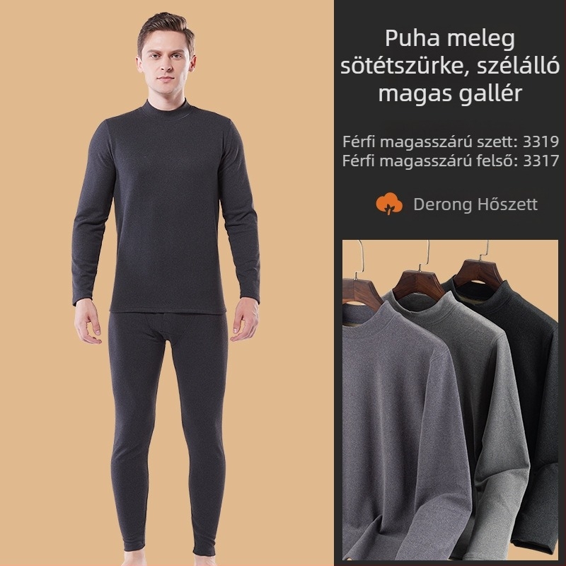 Férfi velúr thermál szett, vastag, kerek nyakú hosszú ujjú felső és hosszú nadrág, plusz méret