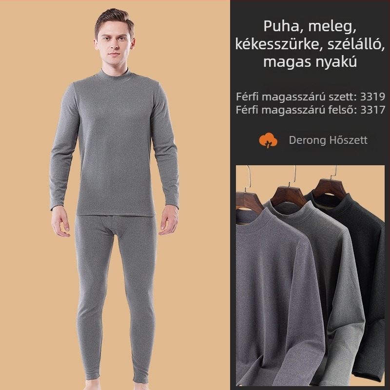 Férfi velúr thermál szett, vastag, kerek nyakú hosszú ujjú felső és hosszú nadrág, plusz méret