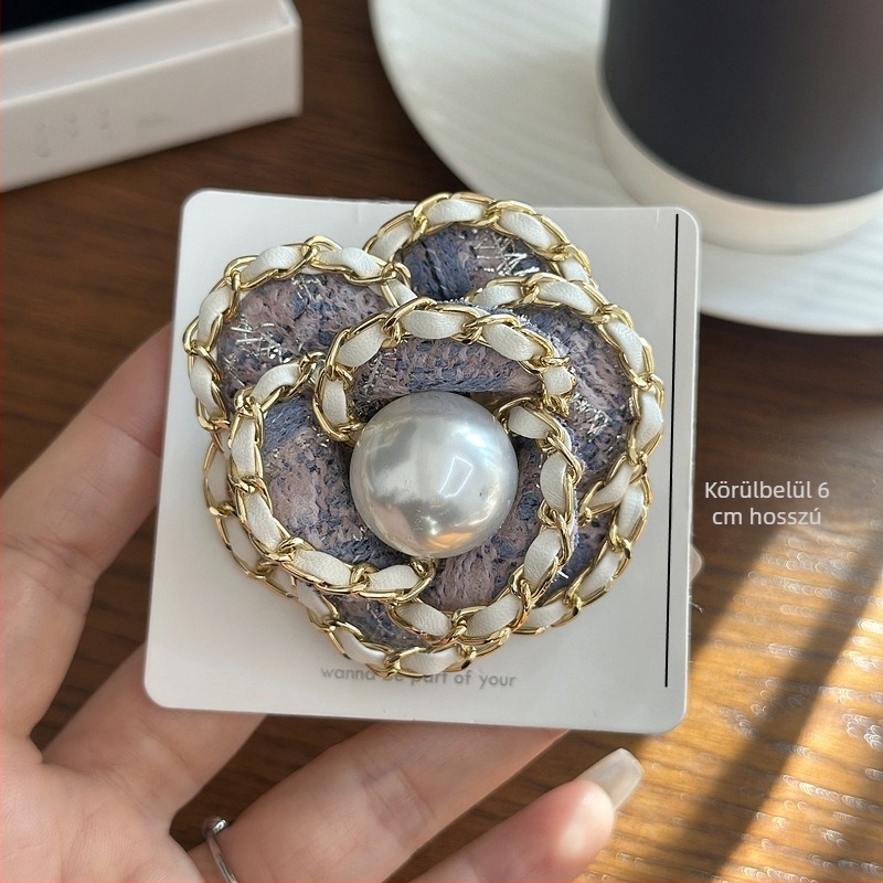 Koreai stílusú vintage kamélia brooch textilből, fém lánccal és gyöngyökkel, micropavé 3D virág, nőknek, Yiwu, 2024 tél