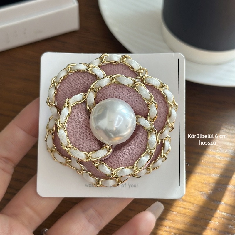 Koreai stílusú vintage kamélia brooch textilből, fém lánccal és gyöngyökkel, micropavé 3D virág, nőknek, Yiwu, 2024 tél