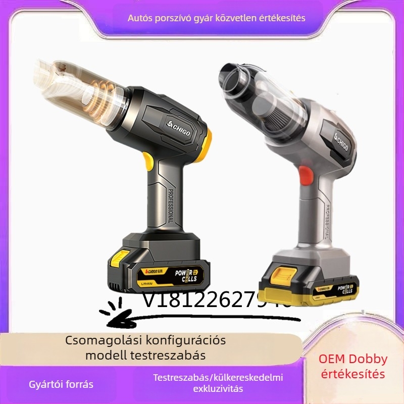 Vezeték nélküli autós porszívó, vezeték nélküli töltéssel, kétfunkciós: fújás és szívás, 150 W, 20000 Pa szívóerő, újratölthető