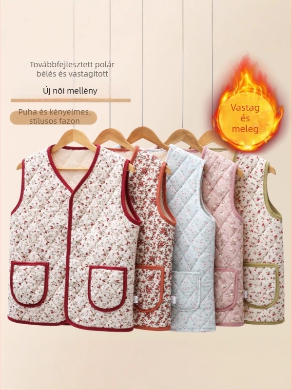 Corduroy mellény nőknek fleece betéttel, őszi-téli külső ruházat, virágos mintázat
