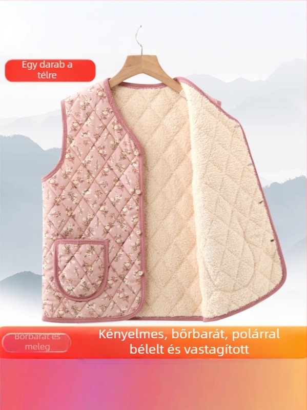 Corduroy mellény nőknek fleece betéttel, őszi-téli külső ruházat, virágos mintázat