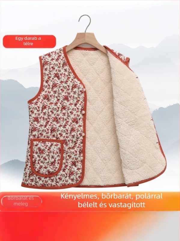 Corduroy mellény nőknek fleece betéttel, őszi-téli külső ruházat, virágos mintázat