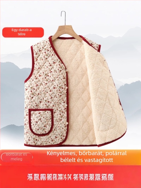 Corduroy mellény nőknek fleece betéttel, őszi-téli külső ruházat, virágos mintázat
