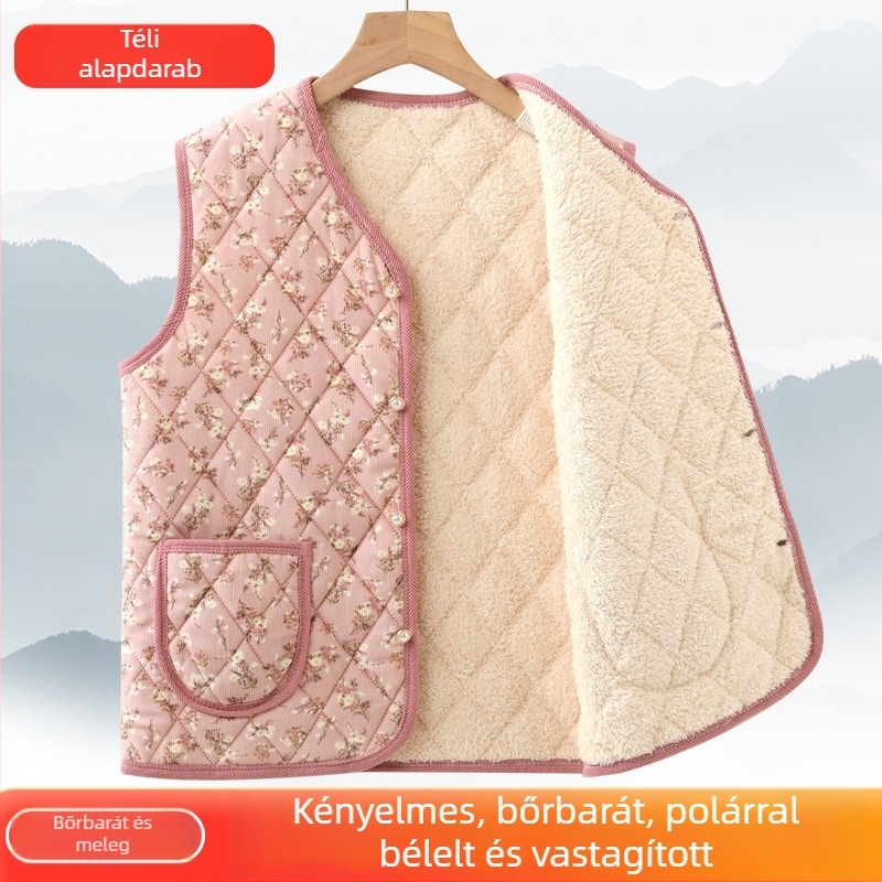 Corduroy mellény nőknek fleece betéttel, őszi-téli külső ruházat, virágos mintázat