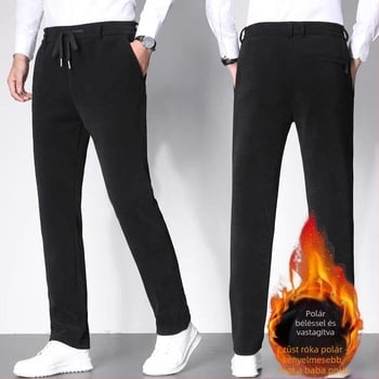 Férfi corduroy téli nadrág, egyenes szabás, vastag fleece belső bélés, közép derekú, övvel, hétköznapi
