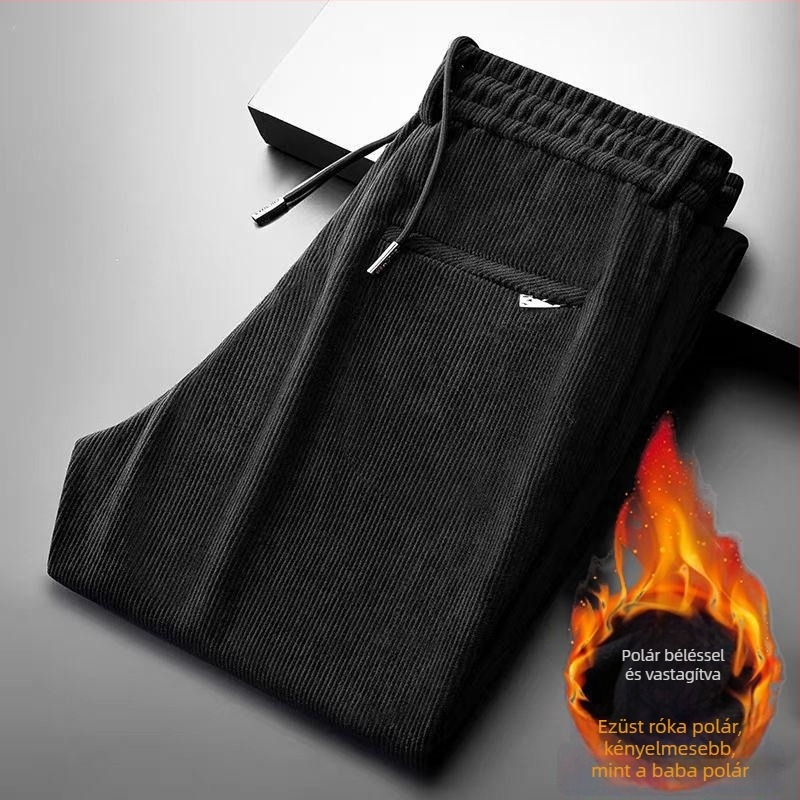 Férfi corduroy téli nadrág, egyenes szabás, vastag fleece belső bélés, közép derekú, övvel, hétköznapi