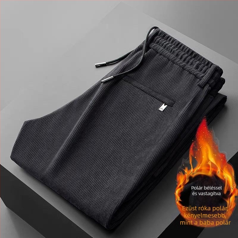 Férfi corduroy téli nadrág, egyenes szabás, vastag fleece belső bélés, közép derekú, övvel, hétköznapi