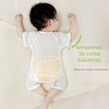 Babáknak szánt nyári overál, vékony anyag, rövid ujjú, uniszex, előre gombos zárás, regenerált cellulóz rostból.