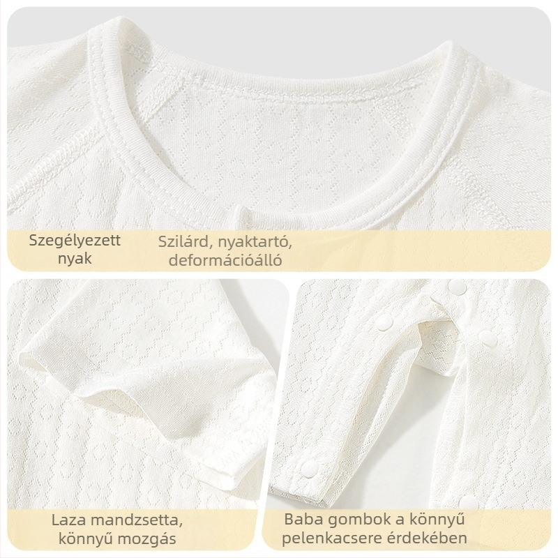 Babáknak szánt nyári overál, vékony anyag, rövid ujjú, uniszex, előre gombos zárás, regenerált cellulóz rostból.