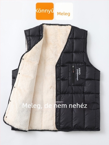 Fleece-betétes férfi mellény, pamut töltettel, külső poliészter anyag, laza szabás, középkorú és idős férfiak számára
