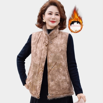 Kínai stílusú téli töltött mellény középkorú nőknek, virágos mintával, normál hosszúságú 50–65 cm, kényelmes anyag, tél 2025