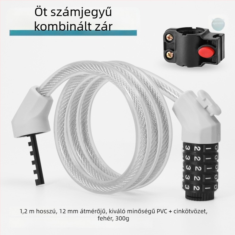 Ötjegyű kerékpárbiztonsági zár – hordozható hegyi kerékpár zár, MK0301, anyagok: ABS + acélkábel + PVC + cinkötvözet zármag, 250 g, modern minimalist dizájn