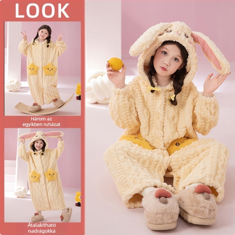 Gyerekeknek kapucnis coral fleece pizsama szett – Cartoon minta, koreai stílus, téli vastag anyag, 100% poliészter