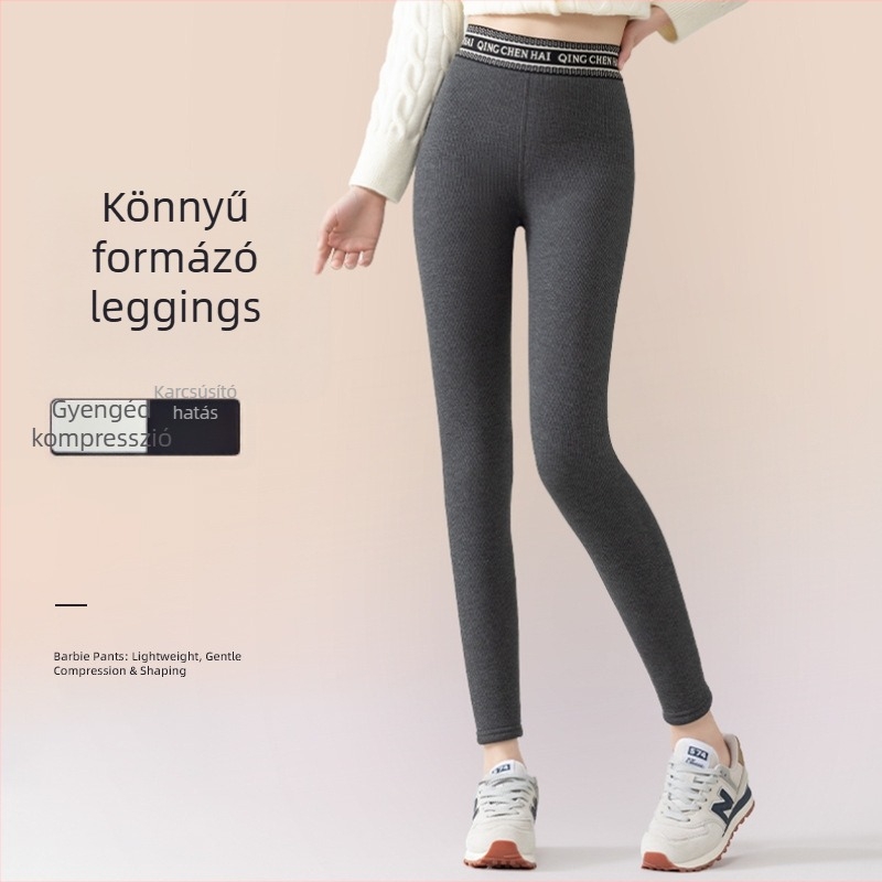 Őszi-téli fleecével bélelt leggings, meleg, függőleges bordázott mintázat, karcsú szabás, 3/4 hosszú, Barbie-stílusú nadrág
