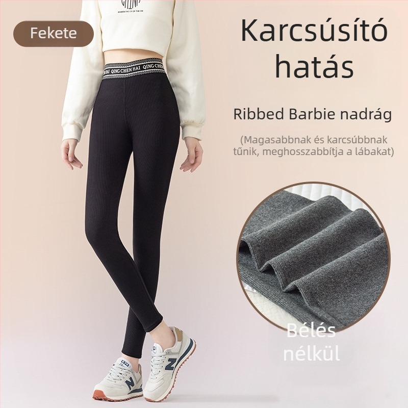 Őszi-téli fleecével bélelt leggings, meleg, függőleges bordázott mintázat, karcsú szabás, 3/4 hosszú, Barbie-stílusú nadrág