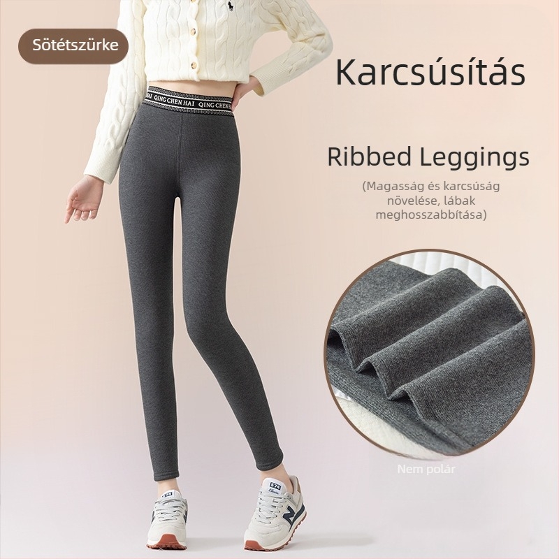 Őszi-téli fleecével bélelt leggings, meleg, függőleges bordázott mintázat, karcsú szabás, 3/4 hosszú, Barbie-stílusú nadrág
