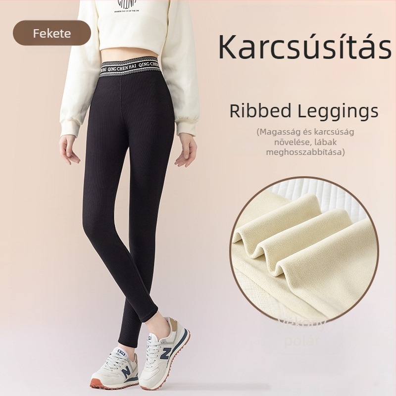 Őszi-téli fleecével bélelt leggings, meleg, függőleges bordázott mintázat, karcsú szabás, 3/4 hosszú, Barbie-stílusú nadrág