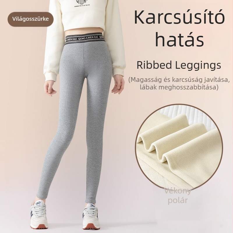 Őszi-téli fleecével bélelt leggings, meleg, függőleges bordázott mintázat, karcsú szabás, 3/4 hosszú, Barbie-stílusú nadrág