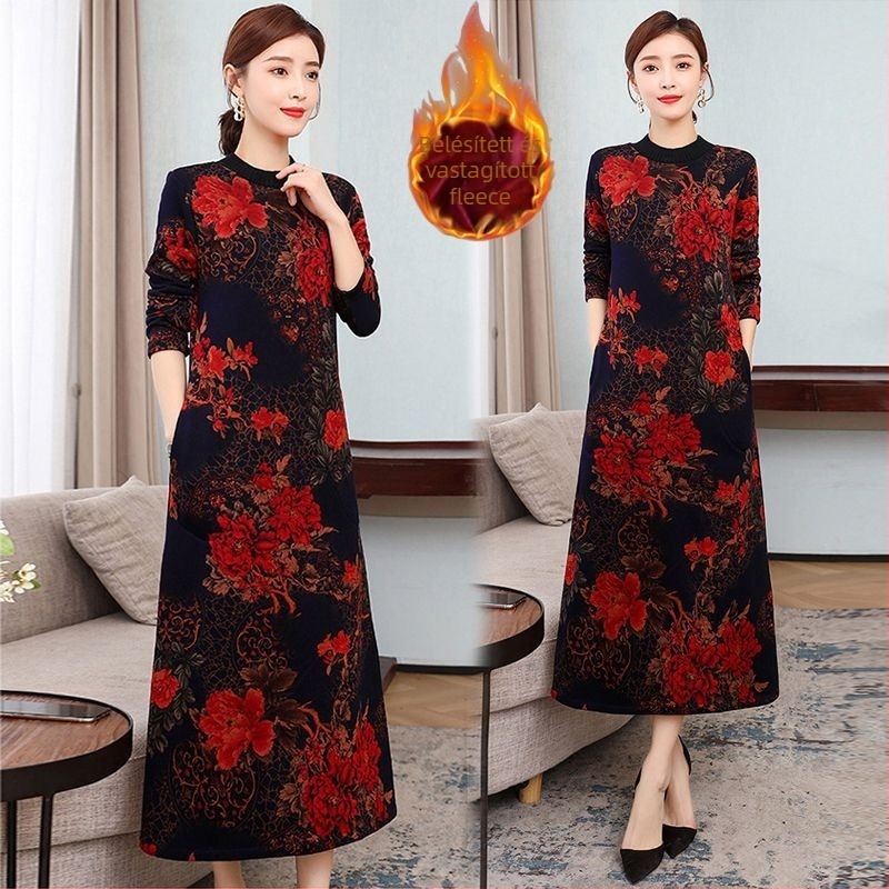 Hosszú virágmintás ruha, poliészter anyag, poliészter tartalom 90–95%, japán-koreai casual stílus, nyomtatás