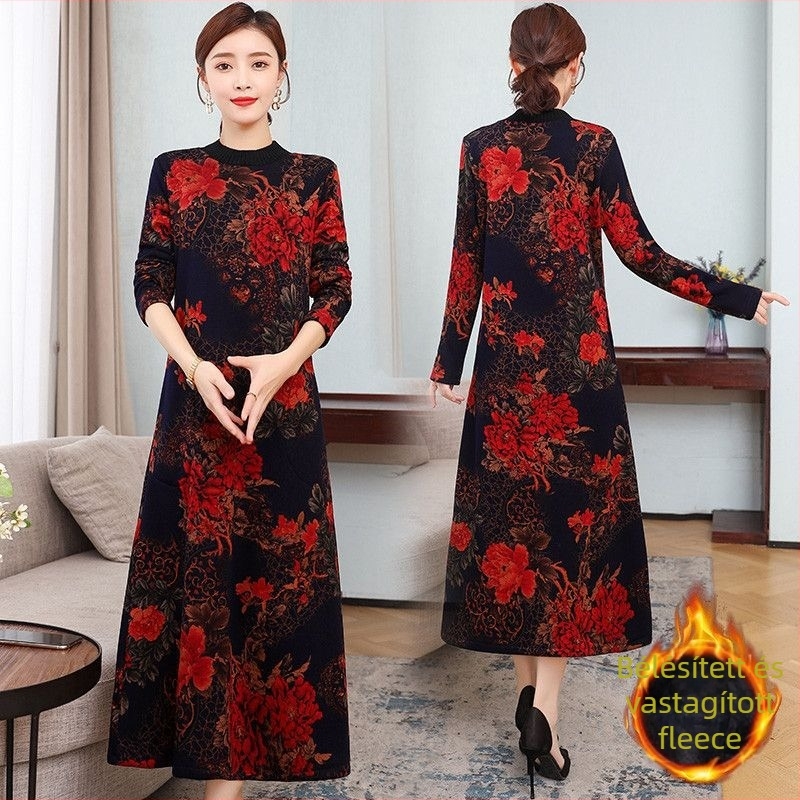 Hosszú virágmintás ruha, poliészter anyag, poliészter tartalom 90–95%, japán-koreai casual stílus, nyomtatás