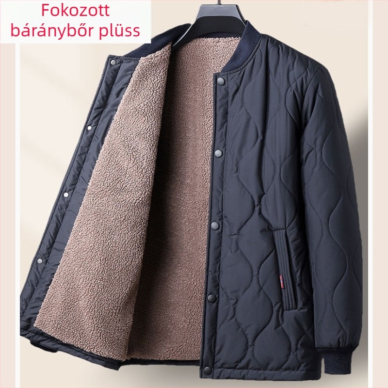 Férfi téli pamuttal bélelt kabát, töltet Silk-cotton, fleece bélés, lazán szabott, egysoros gombolás, kapucni nélküli