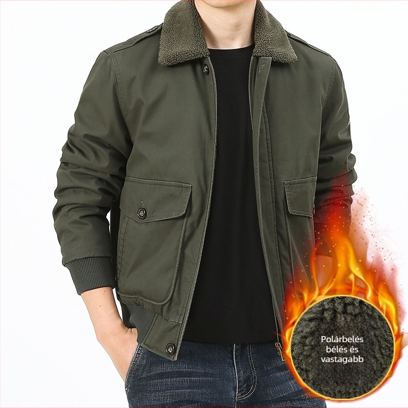 Férfi pamut bélelt kabát fleece béléssel, lazán szabott, cipzáras zárás, téli viselet