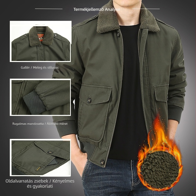 Férfi pamut bélelt kabát fleece béléssel, lazán szabott, cipzáras zárás, téli viselet