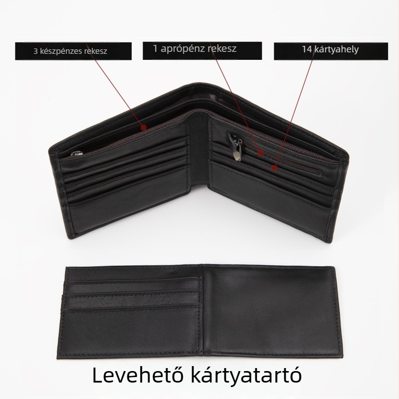 Férfi pénztárca első réteg bőrből, több kártyatartóval, rövid formátum, poliészter bélés