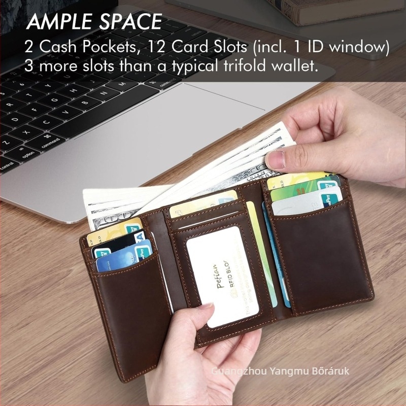 Háromrekeszes bőrtárca RFID lopás elleni védelemmel, bővíthető, felső minőségű bőr, anti-mágneses bélés
