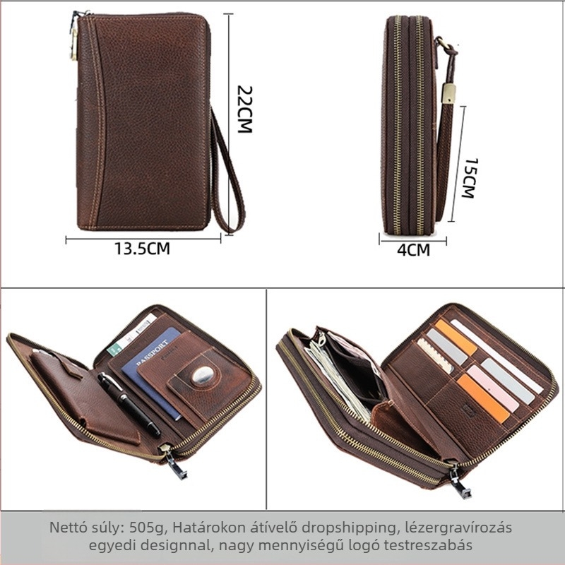Férfi bőrtok RFID védelemmel, dupla cipzárral, csuklópánttal és jelszavas zárval – utazási útlevél-táska