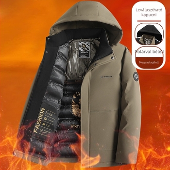 Üzleti férfiaknak készült pamut-töltéses parka kabát, kapucnis, egyszerű gombos záródás, laza szabás, téli 2024.
